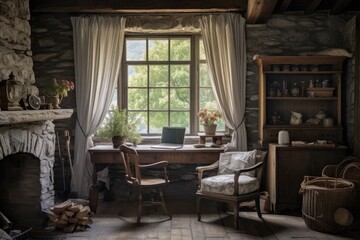 Fototapeta na wymiar Rustic home office with wooden beams, antique furniture a stone fireplace