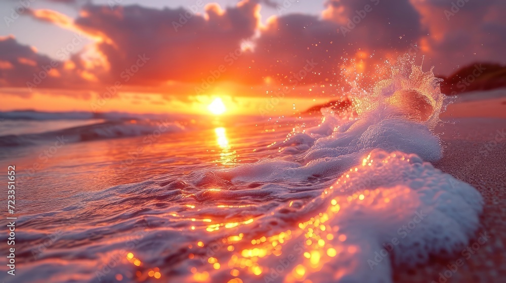Poster a close up of a wave on a beach with the sun setting in the background with clouds in the sky and wa