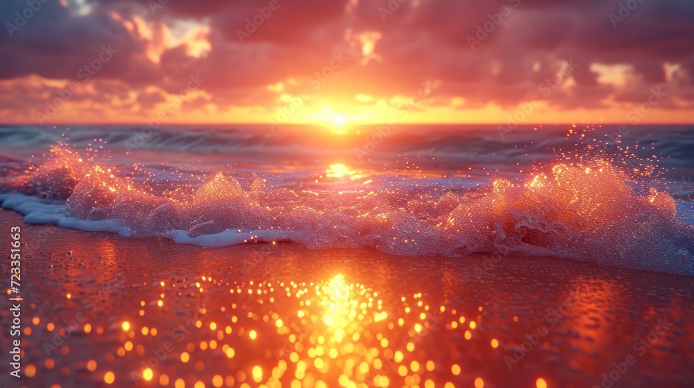 Poster a close up of a wave on a beach with the sun setting in the background and clouds in the sky and wat