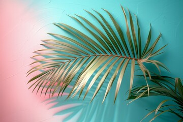 Fototapeta na wymiar A vibrant palm branch stands out against a serene blue and pink backdrop, showcasing the resilience and beauty of nature's greenery