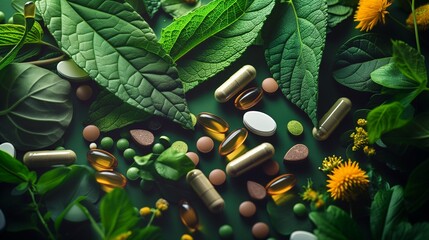 Assorted natural herbal and vitamin supplements carefully placed on vibrant green leaves, surrounded by wildflowers, embodying a holistic approach to health and wellness. - obrazy, fototapety, plakaty