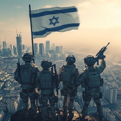 Generative AI image of a group of powerful and fearless combat soldiers in front of a shine and glittery perfect looking new israel flag