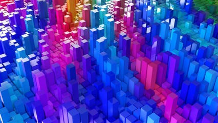 Geometrie - farbige Quader - Skyline - Architektur, Perspektive, Flächen, Formen, Winkel, Körper, Symmetrie, Rendering, blau, violett, pink, rot
