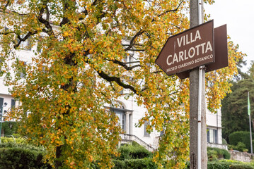 TREMEZZO, ITALY - OCTOBER 02,2023 - Street sign of villa Carlotta at lake Como