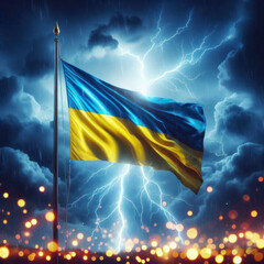 Ukraine flag on a flagpole develops against a background of a stormy sky with lightning bokeh. ai generative