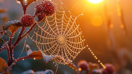  a close up of a spider web on a plant with the sun shining in the back ground and the water droplets on the spiderwebwebweb.