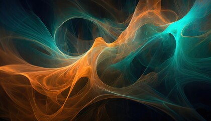 a close up of an abstract digital fractal art piece of a glow orange blue and green wavy smoke pattern on a dark background generative ai
