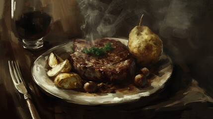  a painting of a steak and potatoes on a plate with a glass of wine and a fork and knife on a table with a knife and a glass of wine.