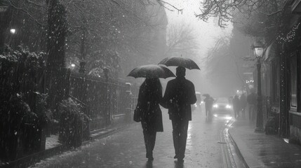  two people walking down a street in the rain with umbrellas over their heads and a car parked on the side of the road in front of the street on a rainy day.