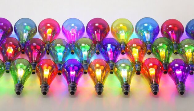 vibrant colorful glass bulbs multi colored electric lights on white background
