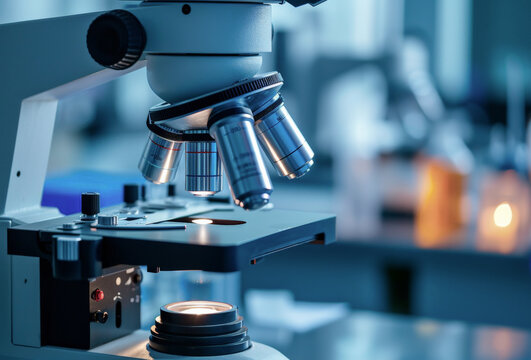 primer plano de un microscopio profesional, sobre fondo desenfocado de laboratorio de investigaci&oacute;n