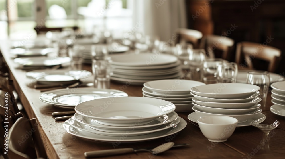 Poster a table set for a formal dinner with plates and silverware and silverware cups and saucers and silve