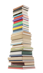 High stack of many different books isolated on white