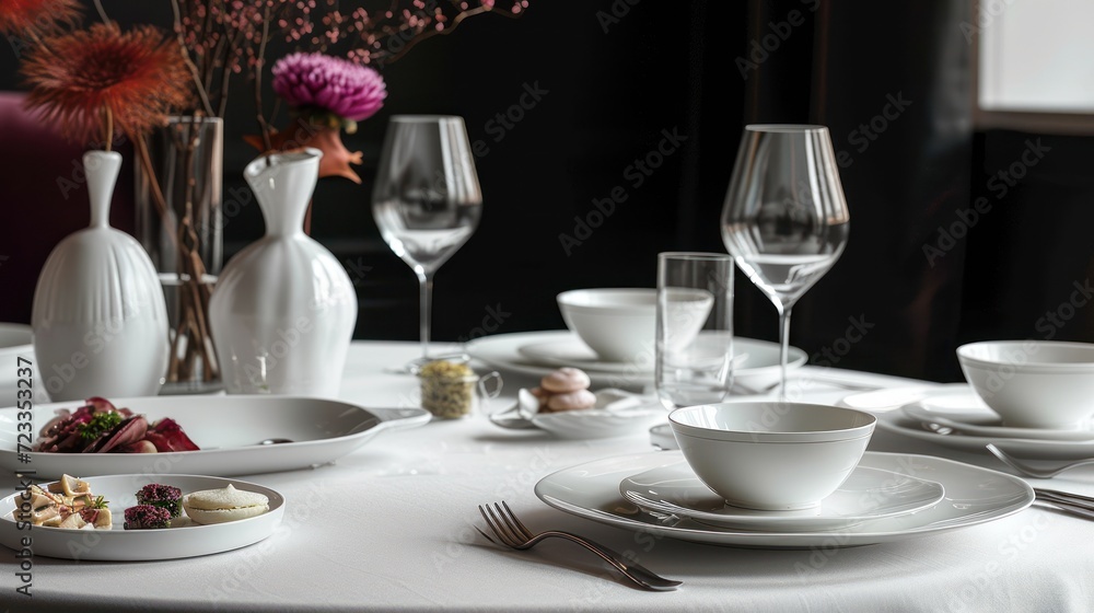 Aufkleber a close up of a table with plates and bowls on it with wine glasses and a vase with flowers in the m