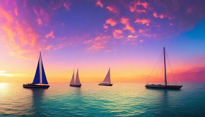 cosmic gradient ocean with sailboats cloudy atmosphere pc desktop wallpaper background ai generated - obrazy, fototapety, plakaty