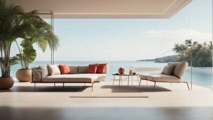 Minimalist ocean apartment paradise with a sleek and modern design background. Fashion, design and lifestyle concept. Copy space.