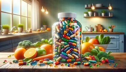 Assorted multivitamin supplements and colorful vitamin capsules arranged neatly, symbolizing a health-conscious lifestyle and nutritional support.