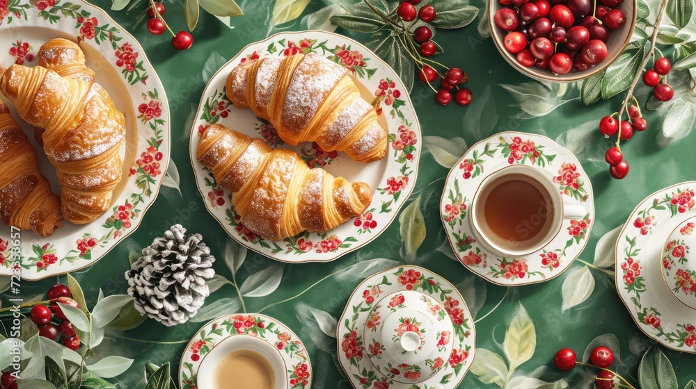 Poster a table topped with plates of pastries next to cups of tea and a pine cone on top of a table covered