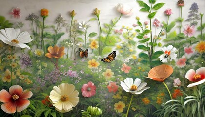 the mural on the wall flowers and plants with insects