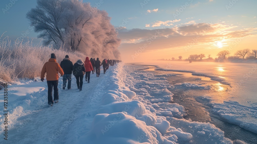 Aufkleber a group of people walking down a snow covered path next to a body of water with trees on both sides 