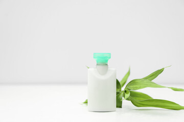 Mini bottle of cosmetic product and green branch on light background. Space for text