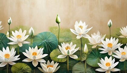 digital illustration of a blooming white lotus flowers with green leaves on a background of beige walls in the loft wallpapers and murals for interior printing