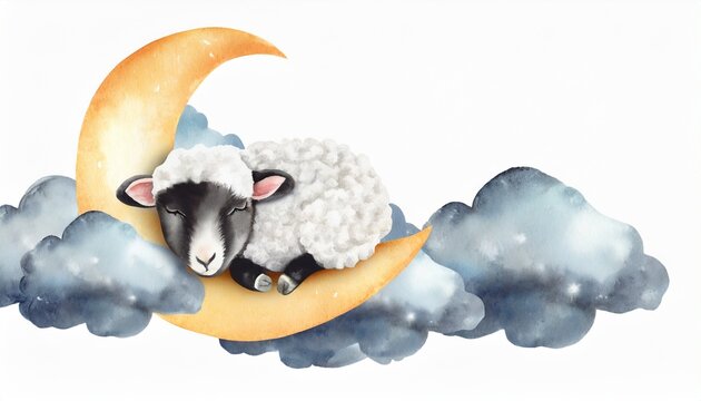 watercolor hand drawn illustration of a cute baby sheep lamb sleeping on the moon and the cloud baby shower theme invitation birthday template