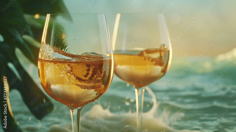 Poster two glasses of wine sitting on top of a table next to each other on top of a wave covered beach with