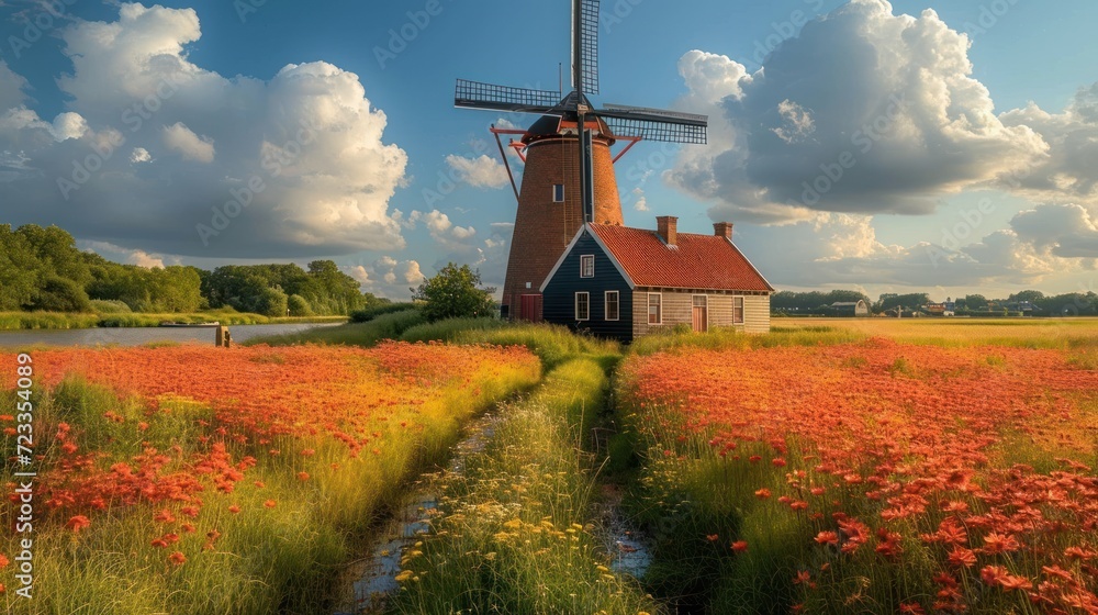 Poster  a windmill in a field of flowers with a stream running between it and a house on the other side of the field with red flowers in front of the windmill.