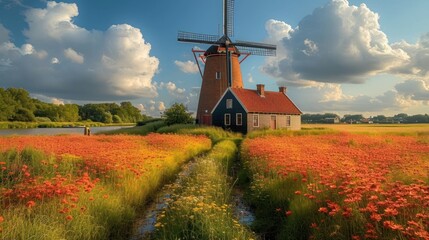  a windmill in a field of flowers with a stream running between it and a house on the other side of the field with red flowers in front of the windmill.