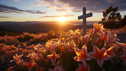 Lilies Easter sunrise cross background image. Christ is risen desktop wallpaper picture. Lily flowers meadow sunshine photo backdrop. Resurrection sunday concept composition front view - obrazy, fototapety, plakaty