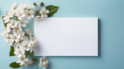 Delicate vintage spring affair paper card mock up. Cherry blossom flowers blank invitation mockup with blank space. Festive springtime concept composition top view, border picture