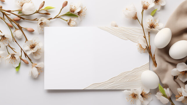 Elegant white cherry blossom paper card mock up. Eggs flowers. April Eastertide blank invitation mockup with blank space. Festive spring concept composition top view, border picture