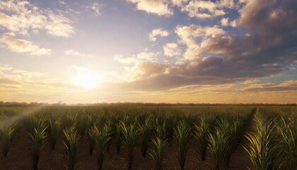 sugarcane field and cloudy sky at sunset