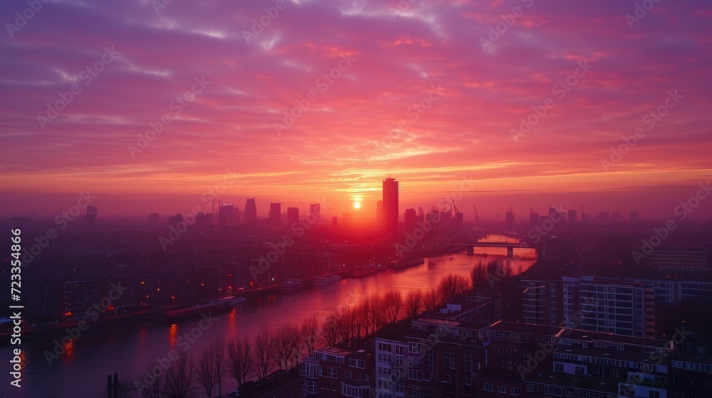 Poster the sun is setting over a city with a river in the foreground and a bridge on the other side of the 