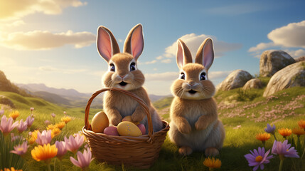 Hunt Easter eggs rabbits couple ai generated 2D cartoon illustration