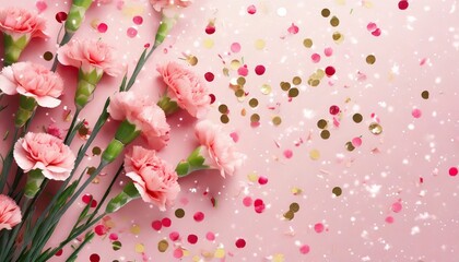 pink carnations on pink background with confetti
