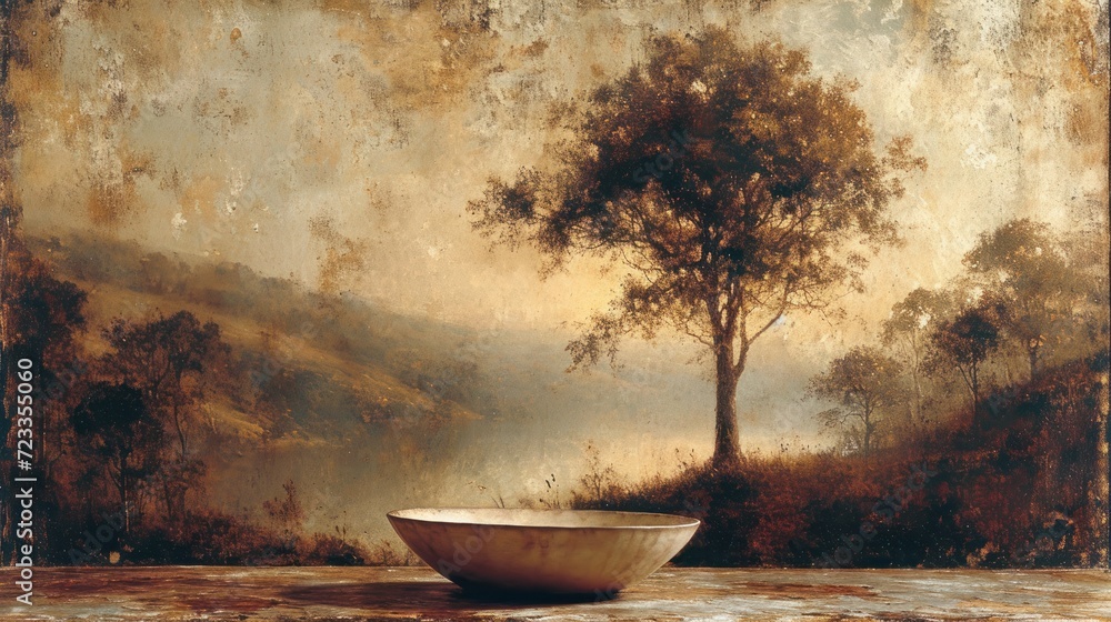 Aufkleber a painting of a bowl sitting on a table in front of a painting of a tree in a mountainous area with 