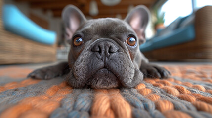 Gemütliche Entspannungsmomente mit einer französischen Bulldogge auf dem Teppich