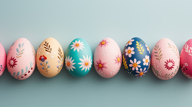 Trendy flowery eggs background image. Paschaltide Eastertime desktop wallpaper picture. Religious holiday eastereggs photo backdrop. Egg hunt. Easter-themed concept composition top view