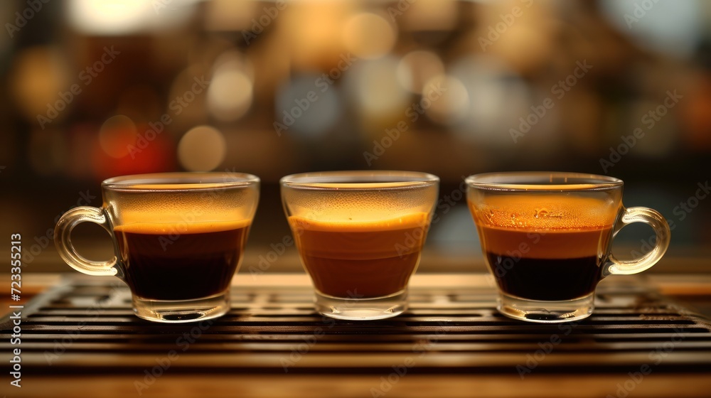 Poster three cups of coffee sitting on top of a wooden table in front of a blurry background of another cup
