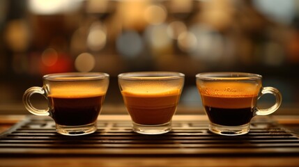  three cups of coffee sitting on top of a wooden table in front of a blurry background of another cup with a liquid in the middle and a second cup with a liquid in the middle.