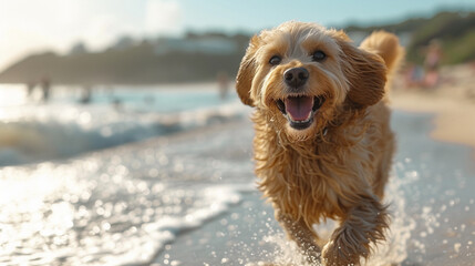 Sonnendurchflutete Freude: Ein nasser Hund genießt das Rennen entlang des Meeresufers - obrazy, fototapety, plakaty