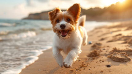 Fröhlicher Küstenflitzer: Ein Hund genießt das Rennen am Strand - obrazy, fototapety, plakaty