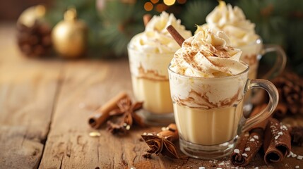  two mugs of hot chocolate with whipped cream and cinnamon on a wooden table with a christmas tree in the background and a few cinnamon sticks sticking out of the top of the mugs.