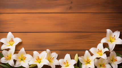 Easter lilies spring blossoming banner background copy space. Eastertide flowers springtime image backdrop empty. April resurrection paschal sunday concept composition top view, copyspace