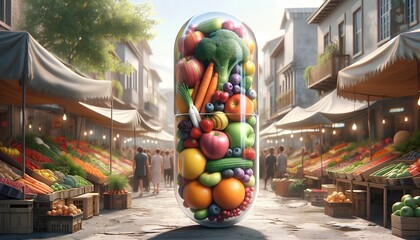 clear capsule overflowing with essential multivitamins and dietary supplements, surrounded by an array of colorful, fresh vegetables and fruits, symbolizing a health-conscious lifestyle choice. - obrazy, fototapety, plakaty