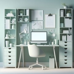 Desk with a computer and accessories for work on a pastel mint background. Cozy home office interior concept in minimalism style, realistic 3d render. Monochrome composition, for design and banners.