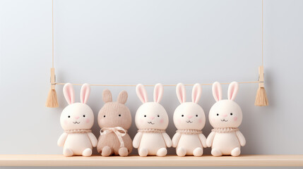 White bunnies stuffed animals sitting in row banner background copy space. Cute little toys rabbits plush image backdrop empty. Nursery decor concept composition front view, copyspace