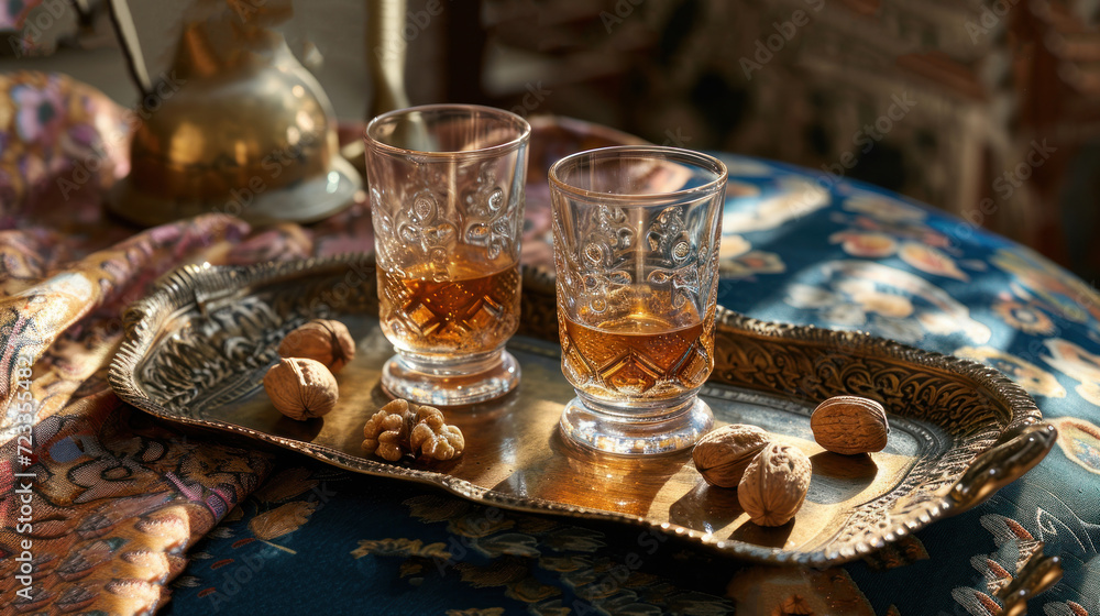 Poster two glasses of whiskey on a tray with nuts and a teapot on a table with a blue and gold patterned ta